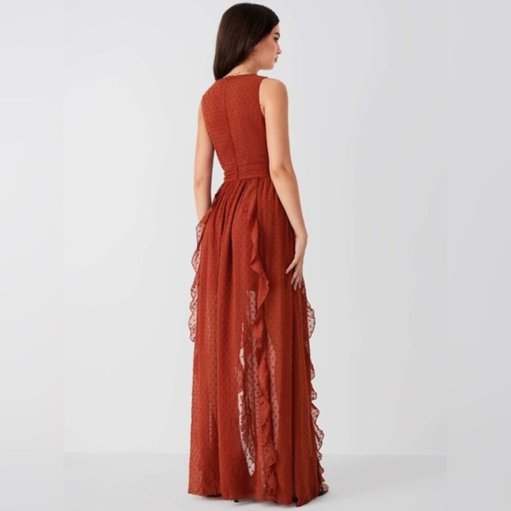 Cider Woven V-Neck Ruffle Hem Split Maxi Dress Rust Burnt Orange XL NWT - Picture 2 of 9